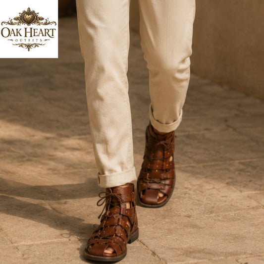 Handcrafted Roman Gladiator Sandals for Men | Brown Leather Lace-Up Caligae Boots