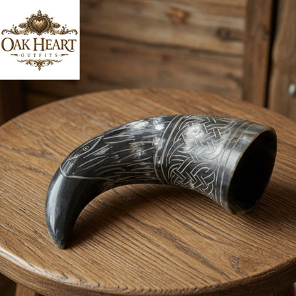 Medieval Black Drinking Horn Engraved – Viking Horn Mug for LARP, Cosplay & Gift Idea