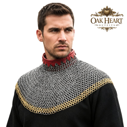 Medieval Chainmail Neck Collar Armor – Flat Riveted & Washer with Brass Accent Rows