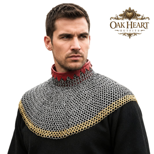 Medieval Chainmail Neck Collar Armor – Flat Riveted & Washer with Brass Accent Rows