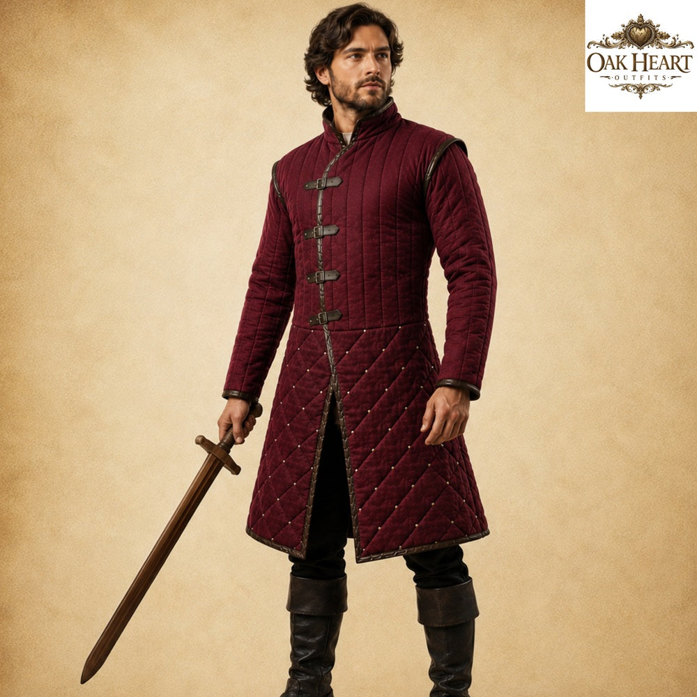 Renaissance Fair Padded Gambeson Armor with Brown Leather Trim | Medieval Quilted Jacket | LARP SCA Ren Faire Easter Gift