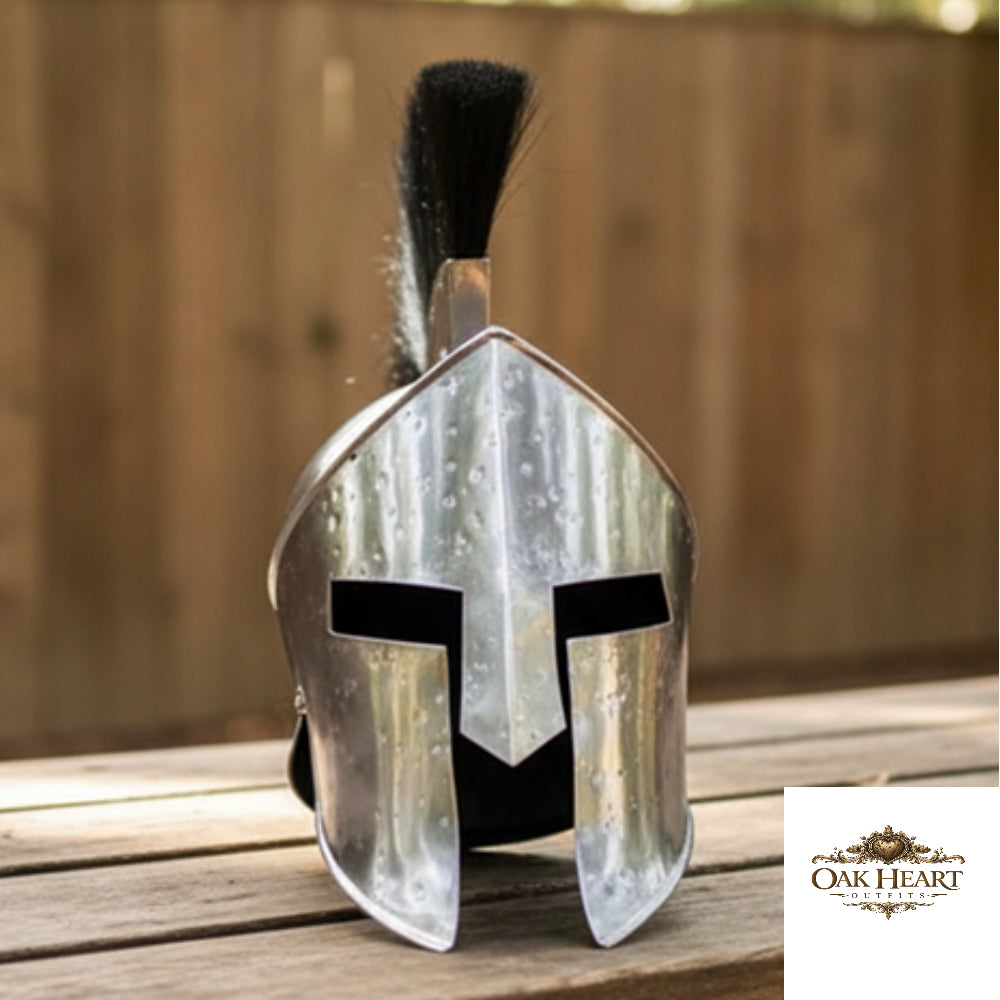 King Leonidas Greek Spartan Helmet with Black Plume, Wooden Stand