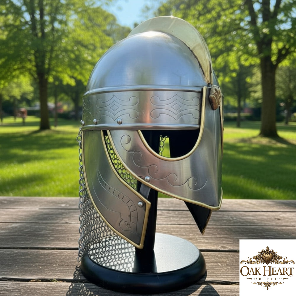 Medieval Chainmail Helmet Viking Replica with Wooden Stand Knight Armor Display