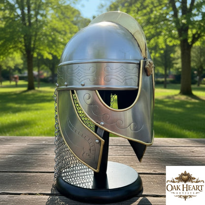 Medieval Chainmail Helmet Viking Replica with Wooden Stand Knight Armor Display