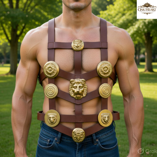 Ancient Roman Phalera Leather Belt with Brass Details