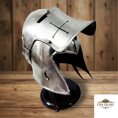 Medieval Barbuta Helmet – Silver Knight Armor Helm with  Wooden Stand