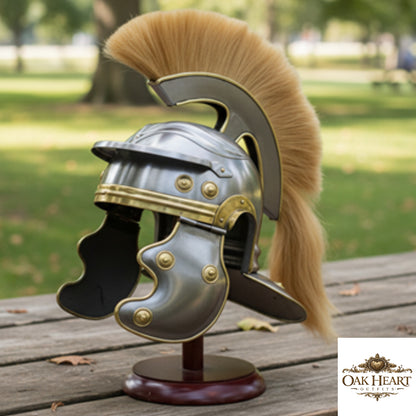 Roman Centurion Helmet with Brown Plume and Wooden Stand