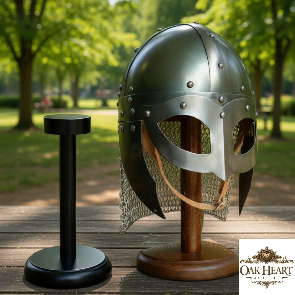 Viking Vendel Spectacle Helmet with Chainmail – Battle Ready Norse Armor with Wooden Stand