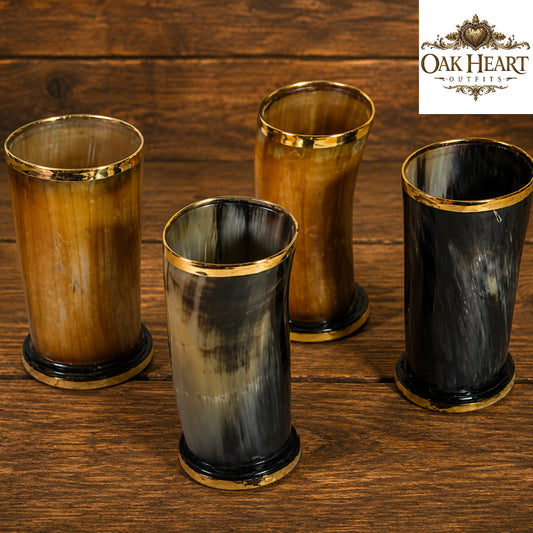 Set of 4 Viking Horn Tumblers | Handmade Medieval Drinking Glasses with Brass Rim