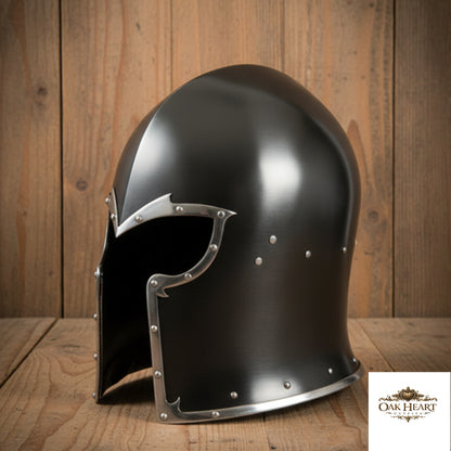Medieval Barbuta Helmet Armor with Inner Leather Liner,  Wooden Stand
