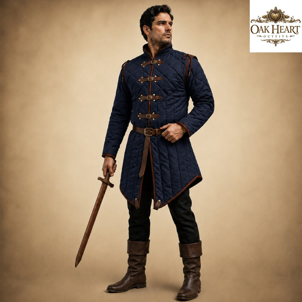 Medieval Gambeson Jacket | Quilted Cotton Aketon with Leather Trim