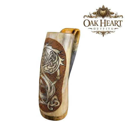Handcrafted Viking Drinking Horn Mug | Norse Dragon Engraved Horn Cup