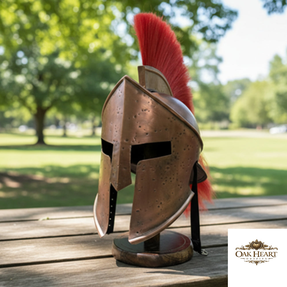 Leonidas King Greek 300 Spartan Helmet with Red Plume,  Wooden Stand