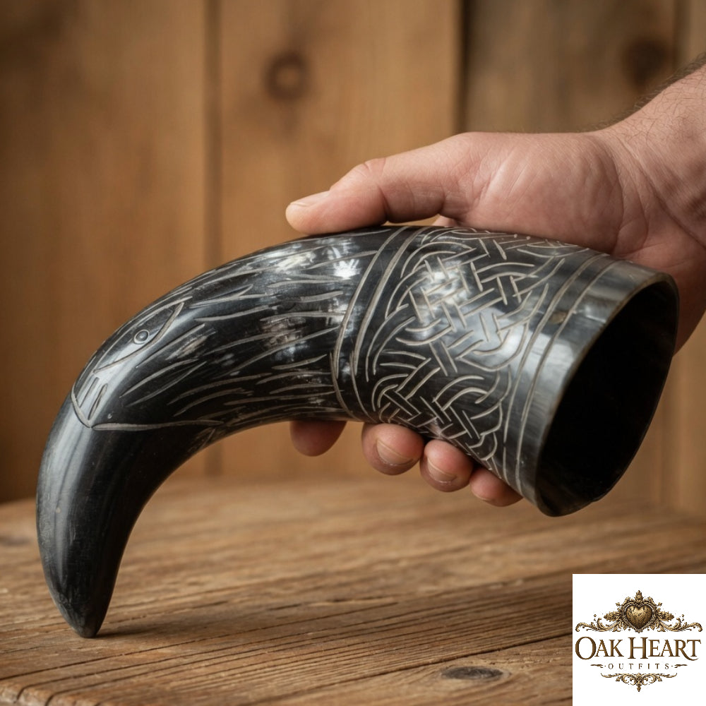 Medieval Black Drinking Horn Engraved – Viking Horn Mug for LARP, Cosplay & Gift Idea