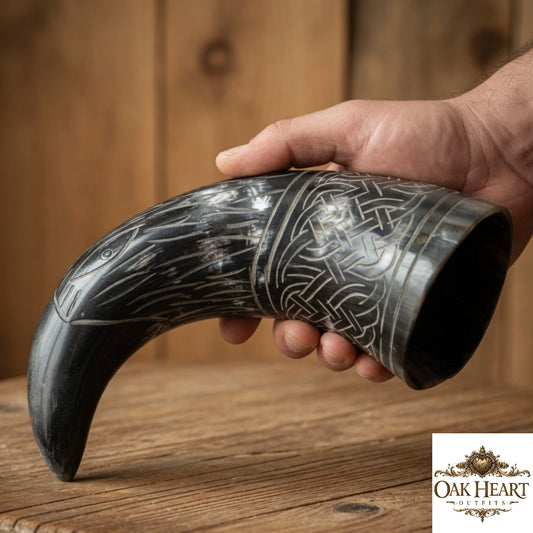 Medieval Black Drinking Horn Engraved – Viking Horn Mug for LARP, Cosplay & Gift Idea
