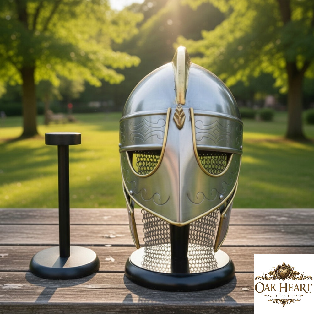 Medieval Chainmail Helmet Viking Replica with Wooden Stand Knight Armor Display
