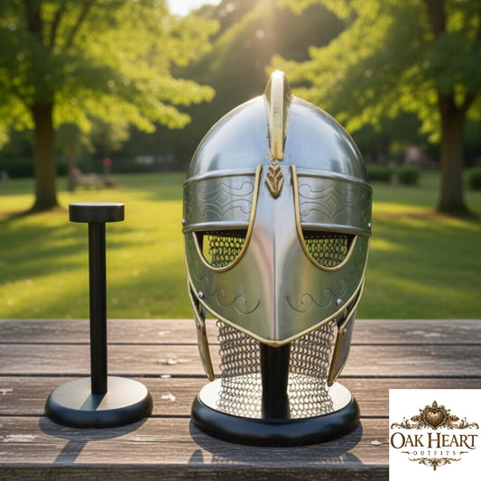Medieval Chainmail Helmet Viking Replica with Wooden Stand Knight Armor Display