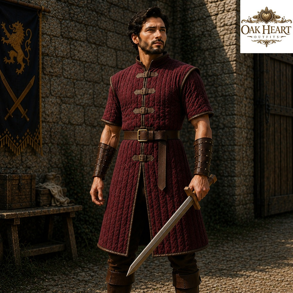 Medieval Crimson Gambeson – Quilted Padded Aketon Armor, Ren Faire