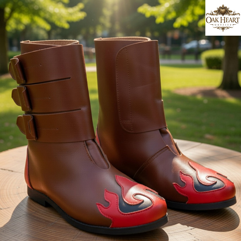 Medieval Black Leather Boots – Red Flame LARP Fantasy Costume Shoes