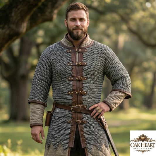 Medieval Chainmail Shirt 9mm Flat Riveted – Leather Trim Zig-Zag Design Armor