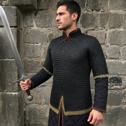 9MM Riveted Chainmail Haubergeon – Flat Ring Viking Armor Shirt with Brass Trim