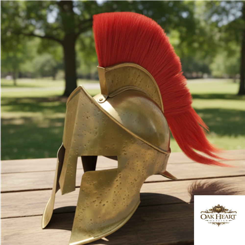 Spartan Helmet with Red Plume – King Leonidas Cosplay Armor, Wooden Stand