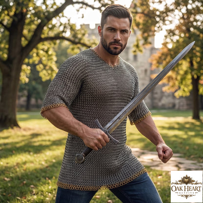 Medieval 9mm Flat Ring Chainmail Shirt – Riveted Mild Steel with Brass Trim
