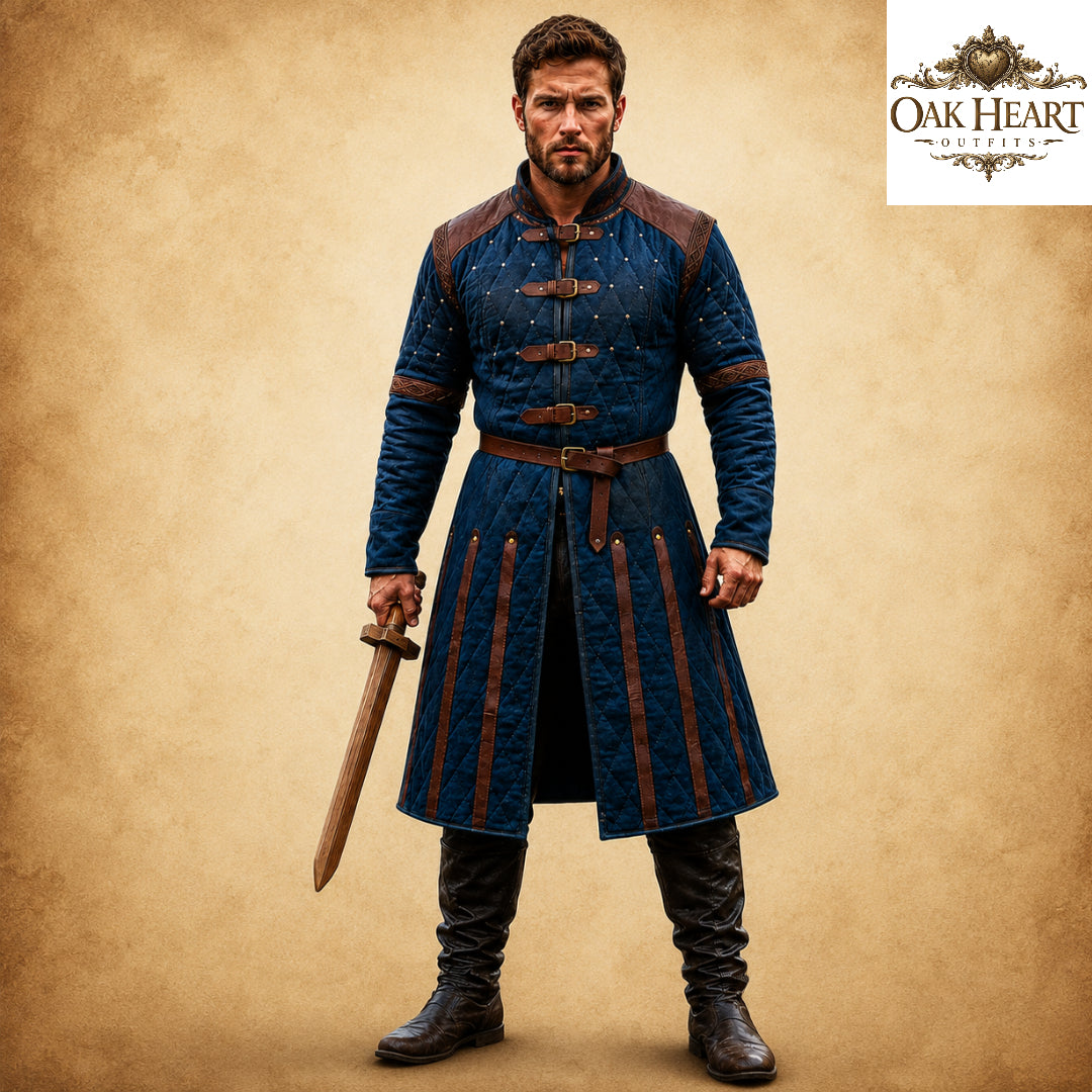 Ren Faire Blue Gambeson Costume for Men – Medieval Padded Armor Jacket,