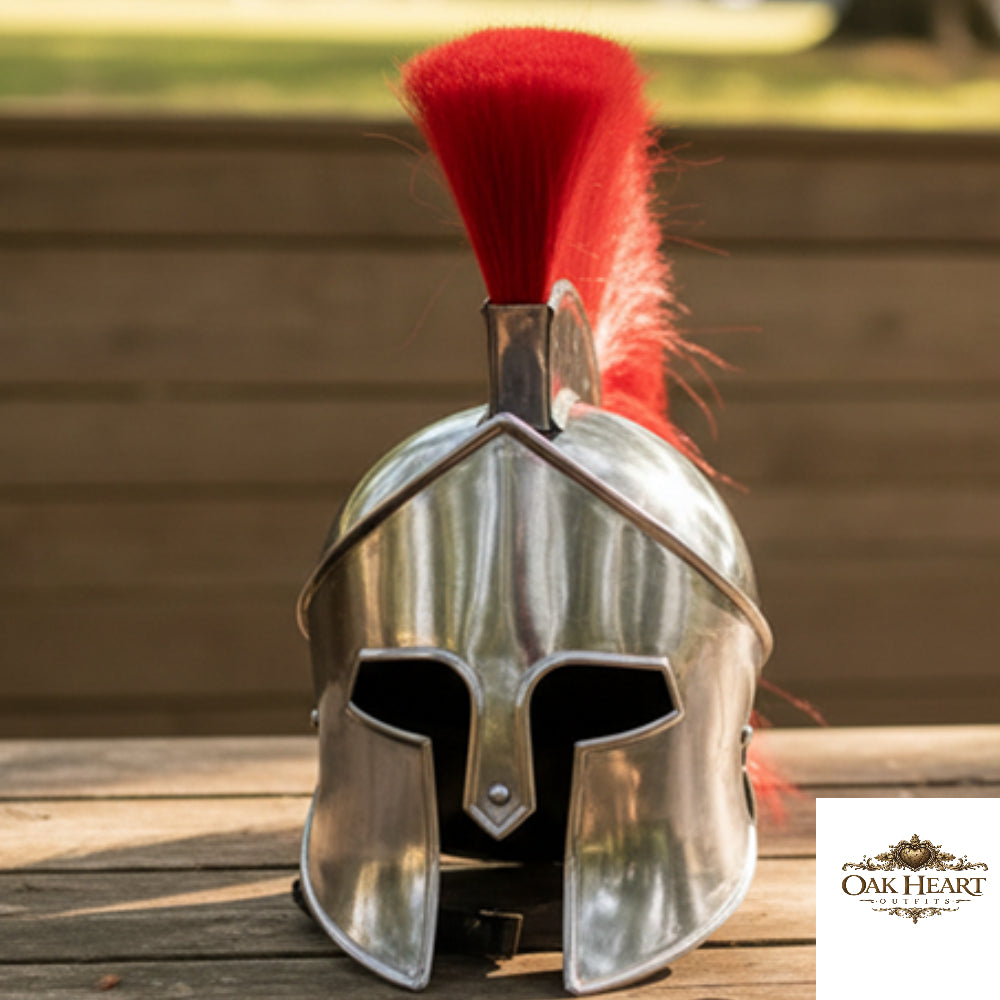 300 King Leonidas Spartan Helmet Greek Warrior with Red Plume & Wooden Stand