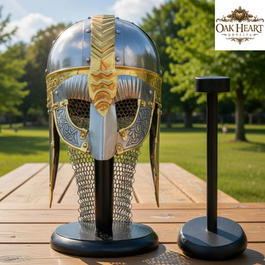Medieval Gjermundbu Viking Helmet – Norse Knight Helmet with Wooden Stand