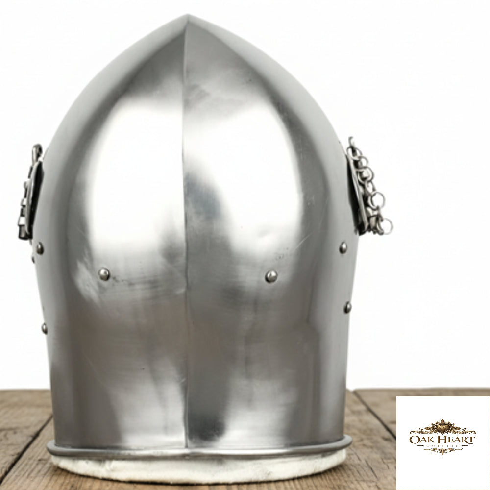 Medieval Knight Armor Barbute Helmet With Wooden Stand