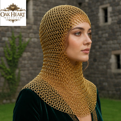 Medieval Brass Chainmail Coif – 9mm Flat Riveted Ring Hood with Washers,