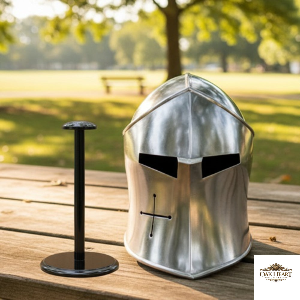 Medieval Barbuta Helmet – Silver Knight Armor Helm with  Wooden Stand