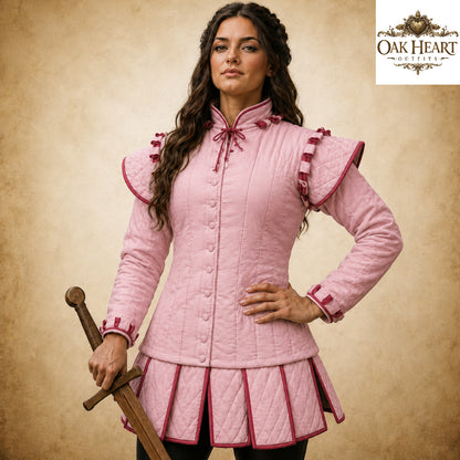 Women's Medieval Gambeson – White Quilted Padded Armor Jacket with Red Trim