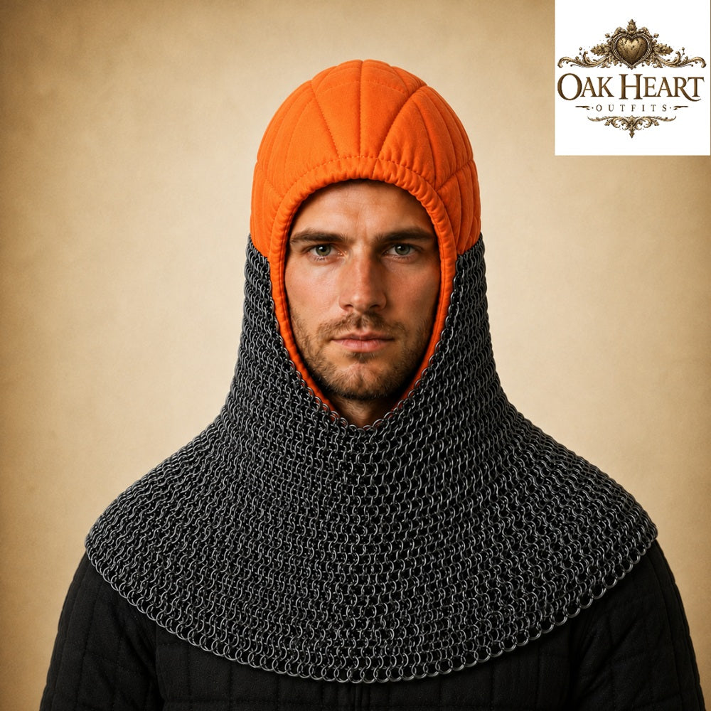 HMB Buhurt Chainmail Coif - Riveted Mild Steel Armor Hood with Padded Arming Cap