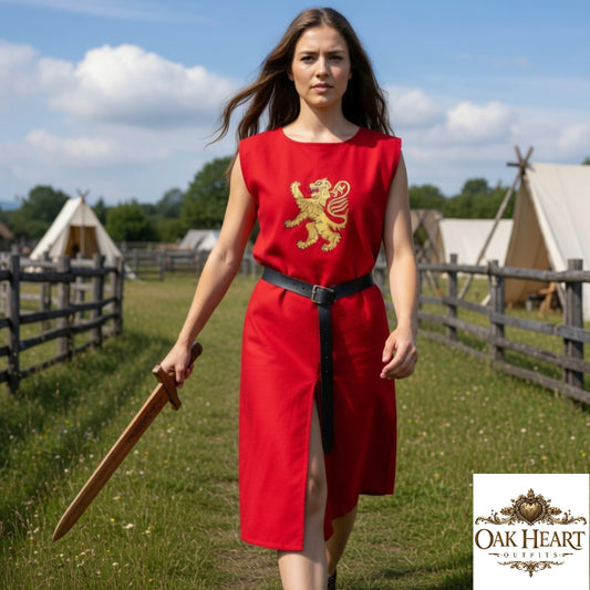 Embroidered Medieval Surcoat – Rampant Lion Heraldry Tunic, Heavy Cotton Knight Costume for LARP