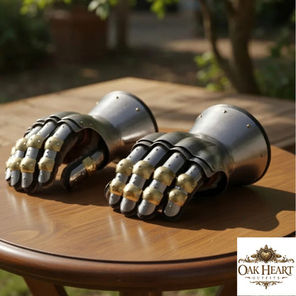 Medieval Churburg Gauntlets, 16 Gauge Steel Knight Gloves with Brass Accents for LARP & Reenactment