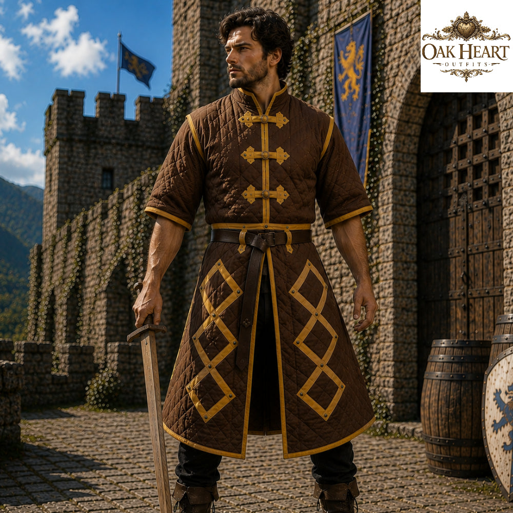 Medieval Cotton Padded Gambeson Jacket Brown Leather Trim | Quilted Armor Coat for LARP, SCA, Ren Faire, Cosplay