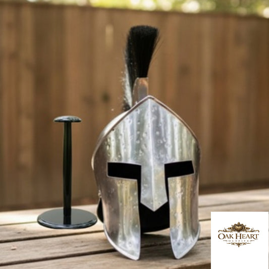 King Leonidas Greek Spartan Helmet with Black Plume, Wooden Stand