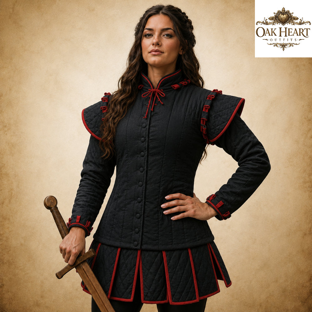 Women's Medieval Gambeson – White Quilted Padded Armor Jacket with Red Trim