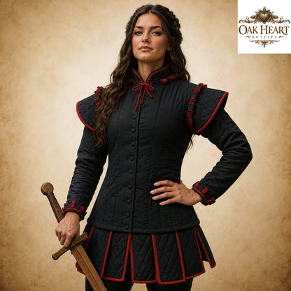 Women's Medieval Gambeson – White Quilted Padded Armor Jacket with Red Trim