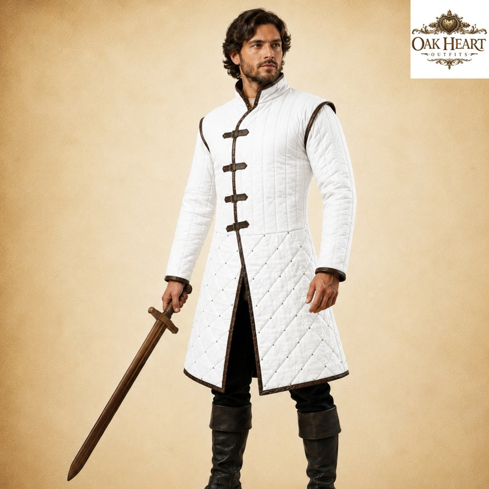 Renaissance Fair Padded Gambeson Armor with Brown Leather Trim | Medieval Quilted Jacket | LARP SCA Ren Faire Easter Gift