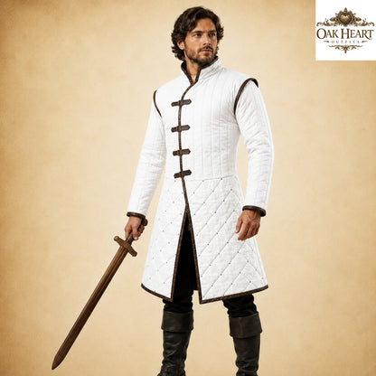 Renaissance Fair Padded Gambeson Armor with Brown Leather Trim | Medieval Quilted Jacket | LARP SCA Ren Faire Easter Gift