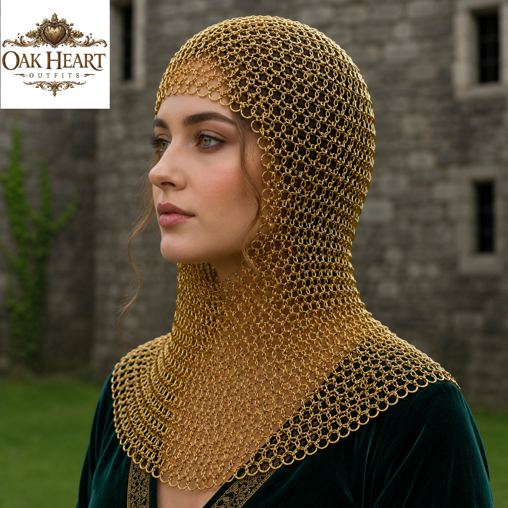 Medieval Brass Chainmail Coif – 9mm Flat Riveted Ring Hood with Washers,