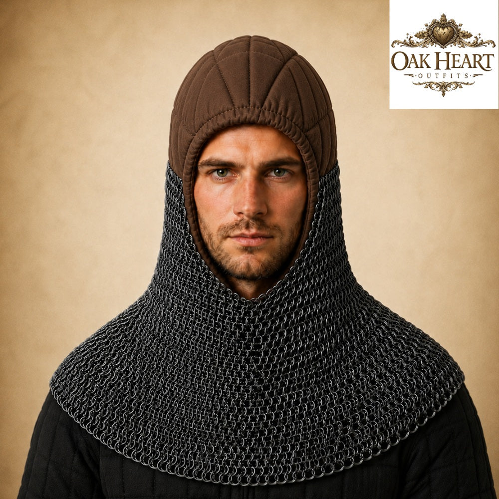HMB Buhurt Chainmail Coif - Riveted Mild Steel Armor Hood with Padded Arming Cap