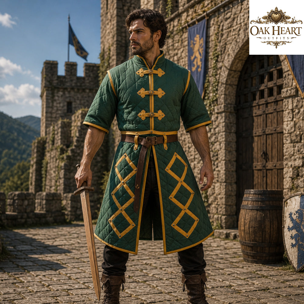 Medieval Cotton Padded Gambeson Jacket Brown Leather Trim | Quilted Armor Coat for LARP, SCA, Ren Faire, Cosplay