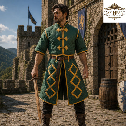 Medieval Cotton Padded Gambeson Jacket Brown Leather Trim | Quilted Armor Coat for LARP, SCA, Ren Faire, Cosplay
