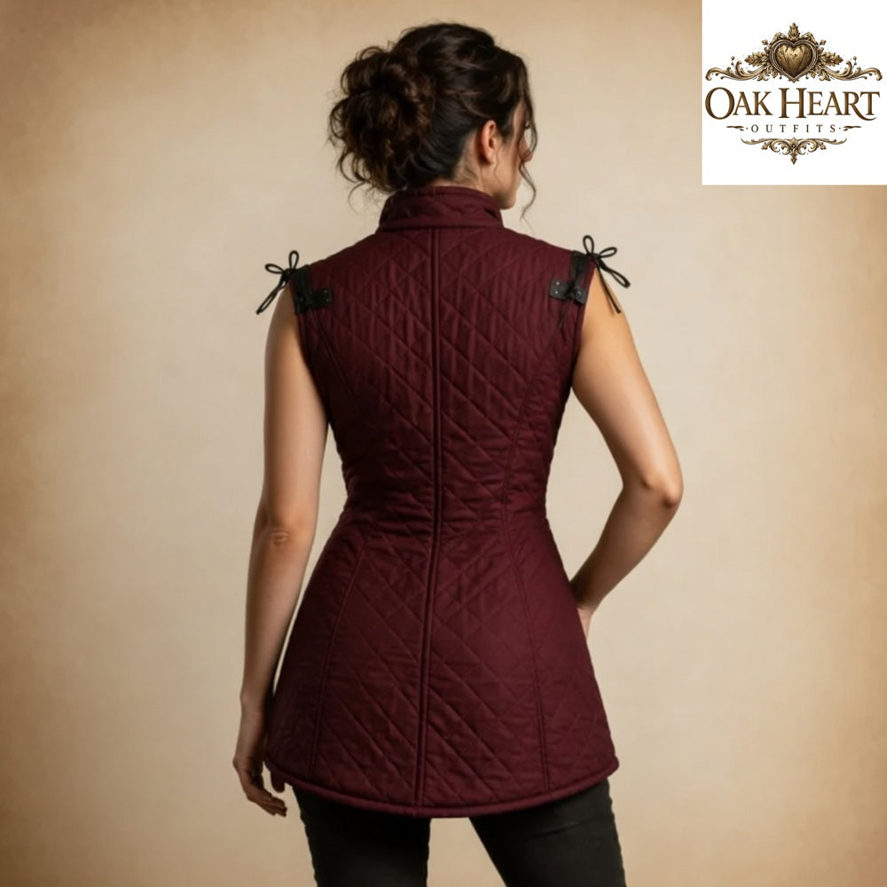 Women's Medieval Quilted Gambeson Vest | Burgundy Padded Armor Vest | LARP Ren Faire Costume