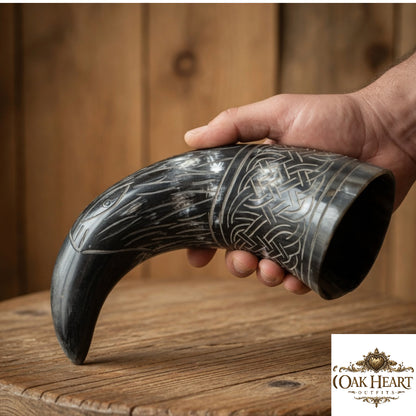 Medieval Black Drinking Horn Engraved – Viking Horn Mug for LARP, Cosplay & Gift Idea