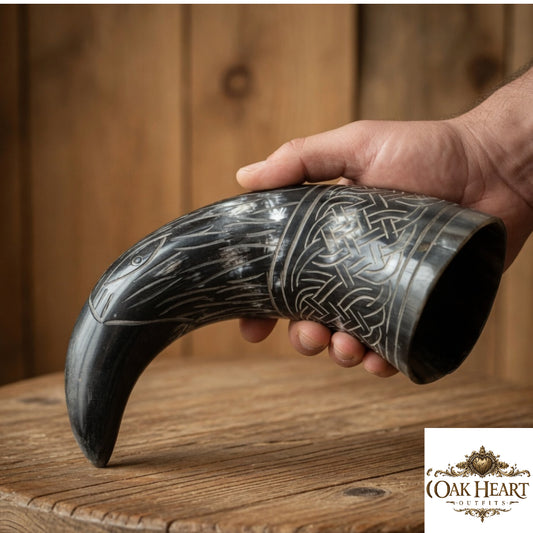 Medieval Black Drinking Horn Engraved – Viking Horn Mug for LARP, Cosplay & Gift Idea